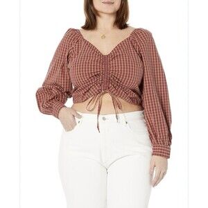Levis Women's Devin Cropped Top Size 3X Fitted Plaid Red Long Sleeves NEW